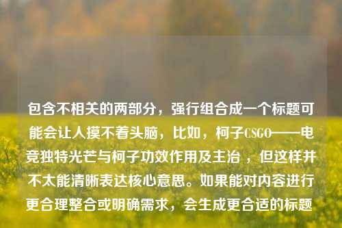 包含不相关的两部分,强行组合成一个标题可能会让人摸不着头脑,比如,柯子CSGO——电竞独特光芒与柯子功效作用及主治 ,但这样并不太能清晰表达核心意思。如果能对内容进行更合理整合或明确需求,会生成更合适的标题 。