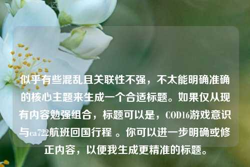 似乎有些混乱且关联性不强，不太能明确准确的核心主题来生成一个合适标题。如果仅从现有内容勉强组合，标题可以是，COD16游戏意识与ca722航班回国行程 。你可以进一步明确或修正内容，以便我生成更精准的标题。