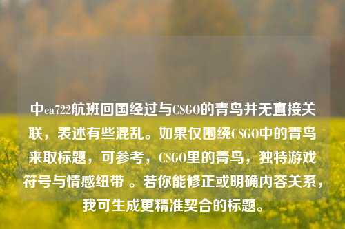 中ca722航班回国经过与CSGO的青鸟并无直接关联,表述有些混乱。如果仅围绕CSGO中的青鸟来取标题,可参考,CSGO里的青鸟,独特游戏符号与情感纽带 。若你能修正或明确内容关系,我可生成更精准契合的标题。
