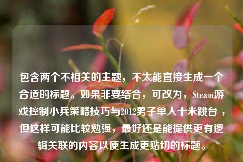 包含两个不相关的主题,不太能直接生成一个合适的标题。如果非要结合,可改为,Steam游戏控制小兵策略技巧与2012男子单人十米跳台 ,但这样可能比较勉强,最好还是能提供更有逻辑关联的内容以便生成更贴切的标题。