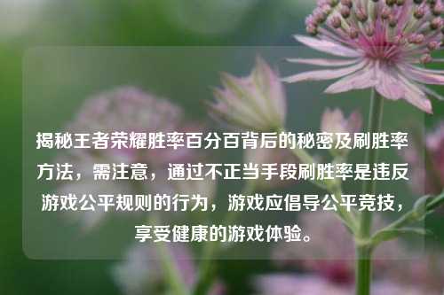 揭秘王者荣耀胜率百分百背后的秘密及刷胜率方法,需注意,通过不正当手段刷胜率是违反游戏公平规则的行为,游戏应倡导公平竞技,享受健康的游戏体验。