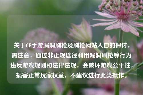 关于CF手游漏洞刷枪及刷枪网站入口的探讨，需注意，通过非正规途径利用漏洞刷枪等行为违反游戏规则和法律法规，会破坏游戏公平性，损害正常玩家权益，不建议进行此类操作。
