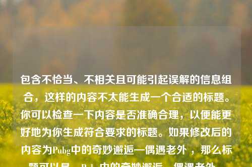 包含不恰当、不相关且可能引起误解的信息组合，这样的内容不太能生成一个合适的标题。你可以检查一下内容是否准确合理，以便能更好地为你生成符合要求的标题。如果修改后的内容为Pubg中的奇妙邂逅—偶遇老外 ，那么标题可以是，Pubg中的奇妙邂逅，偶遇老外 。
