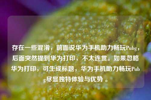 存在一些混淆,前面说华为手机助力畅玩Pubg,后面突然提到华为打印,不太连贯。如果忽略华为打印,可生成标题,华为手机助力畅玩Pubg尽显独特体验与优势 。